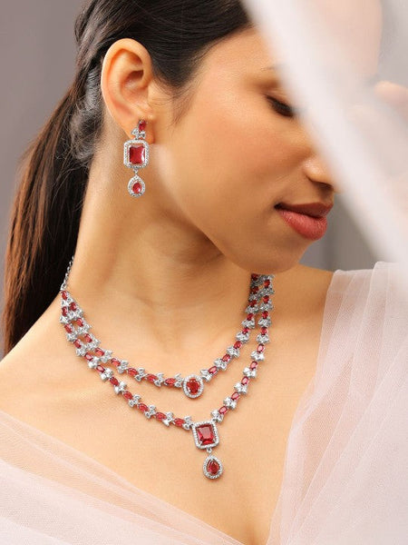 Rhodium-Plated Cubic Zirconia Studded Luxe Layered Jewellery Set VitansEthnics