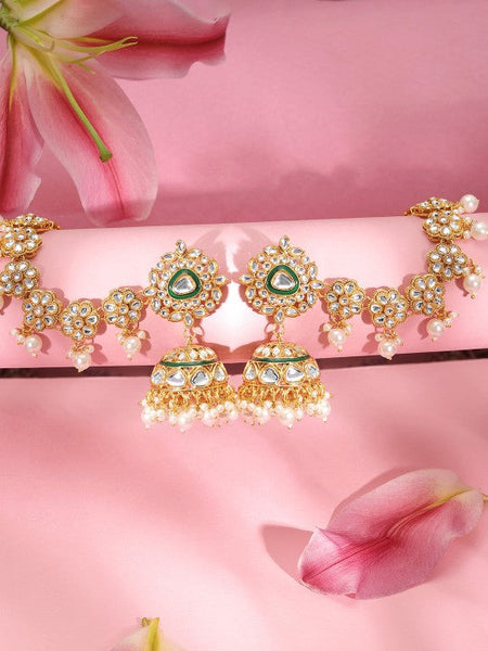 Gold Plated Kundan Crystal Kan Chain Earrings with Pearls & Green Enamel Detail VitansEthnics