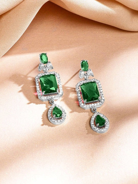 Rhodium-Plated Emerald Green & White Cubic Zirconia Studded Luxe Layer Necklace Set VitansEthnics