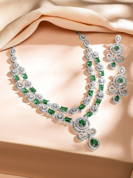 Rhodium-Plated Emerald Green & White Cubic Zirconia Double Layer Luxe Jewellery Set VitansEthnics
