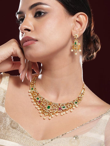 Women Gold Plated Ruby & Emerald Kundan CZ Studded with Gold Beaded Jewellery Set VitansEthnics