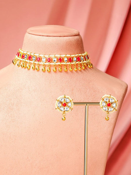 Gold Plated Ruby Pink & White Kundan Stone Choker Set with Gold Beaded Detailing VitansEthnics