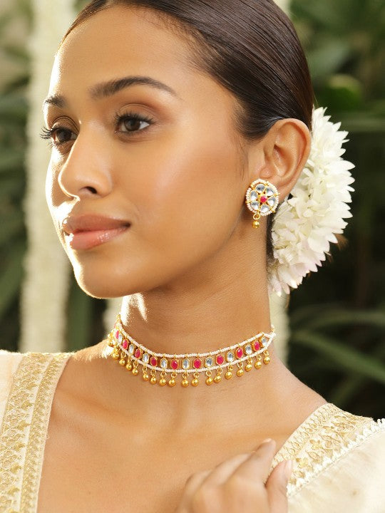 Gold Plated Ruby Pink & White Kundan Stone Choker Set with Gold Beaded Detailing VitansEthnics