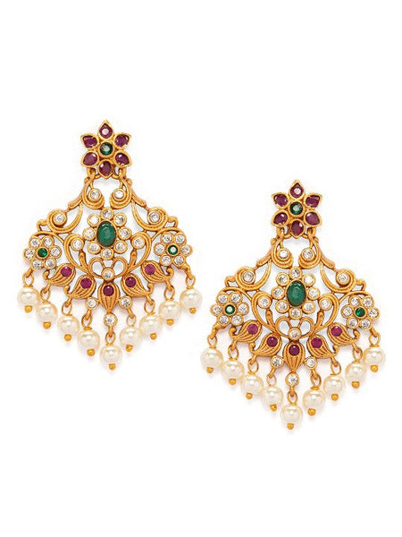 Gold Plated Ruby & Emerald Studded Flower Design Drop Earrings with Pearl Drops VitansEthnics
