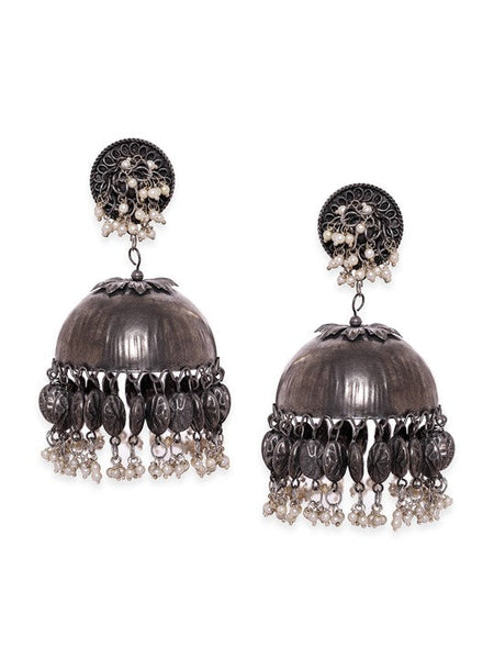 Oxidised Silver-Plated Antique Black & White Pearl Beaded Dome-Shaped Big Jhumkas VitansEthnics