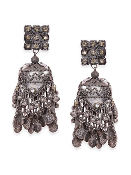 Women Oxidised Silver-Plated Antique Black Beaded Dome-Shaped Big Jhumka with Coin Accent VitansEthnics