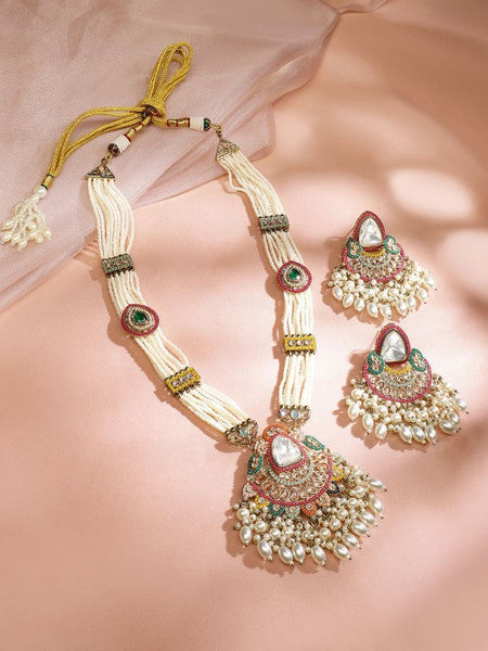 Women Gold-Plated Kundan & Glossy Pearls Beaded Multi-Strand Jewellery Set VitansEthnics