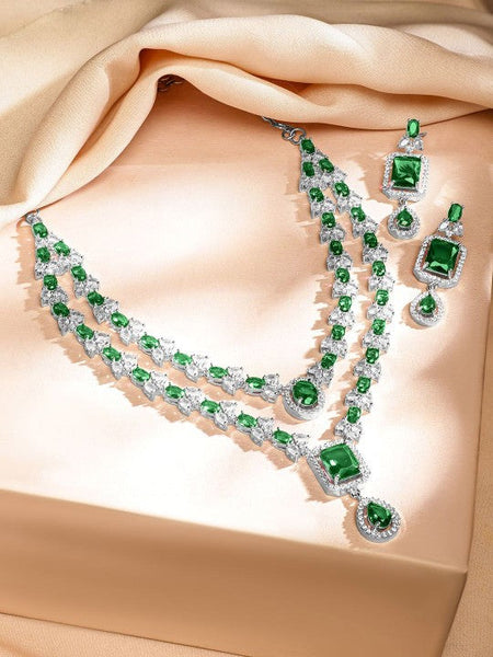 Rhodium-Plated Emerald Green & White Cubic Zirconia Studded Luxe Layer Necklace Set VitansEthnics