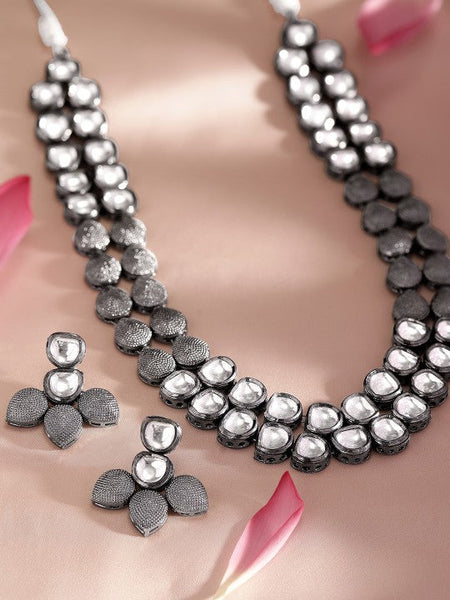 Women Silver-Plated & White Kundan Studded Antique Jewellery Set VitansEthnics