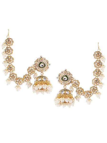 Gold Plated Kundan Crystal Kan Chain Earrings with Pearls & Green Enamel Detail VitansEthnics