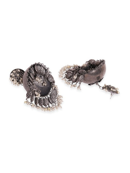 Oxidised Silver-Plated Antique Black & White Pearl Beaded Dome-Shaped Big Jhumkas VitansEthnics