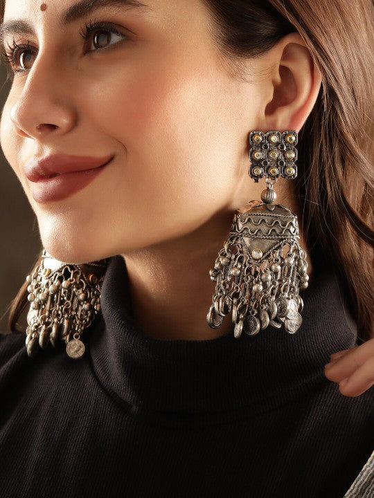 Women Oxidised Silver-Plated Antique Black Beaded Dome-Shaped Big Jhumka with Coin Accent VitansEthnics