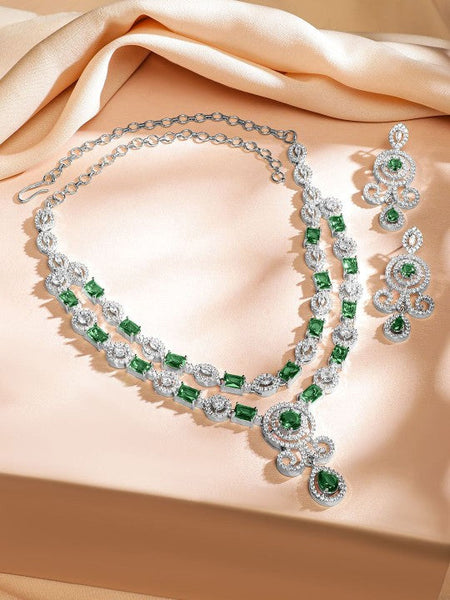 Rhodium-Plated Emerald Green & White Cubic Zirconia Double Layer Luxe Jewellery Set VitansEthnics