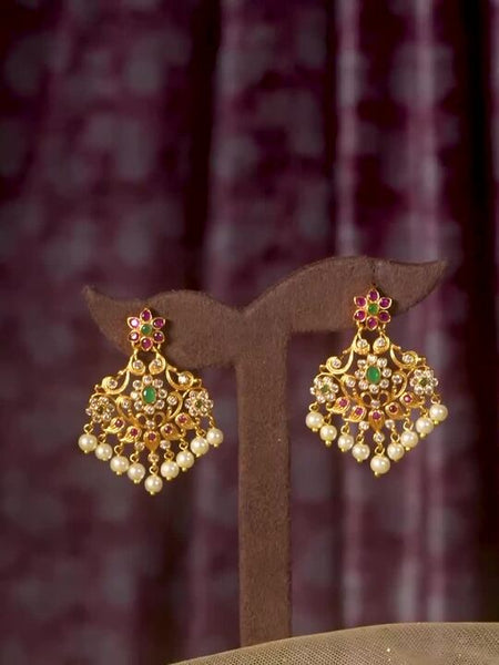 Gold Plated Ruby & Emerald Studded Flower Design Drop Earrings with Pearl Drops VitansEthnics