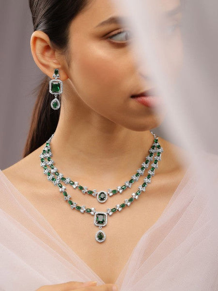 Rhodium-Plated Emerald Green & White Cubic Zirconia Studded Luxe Layer Necklace Set VitansEthnics