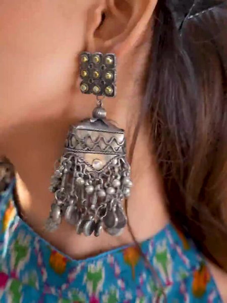 Women Oxidised Silver-Plated Antique Black Beaded Dome-Shaped Big Jhumka with Coin Accent VitansEthnics