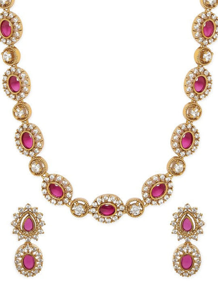 Gold Plated Stone Studded Necklace With Earrings Jewelry Set VitansEthnics