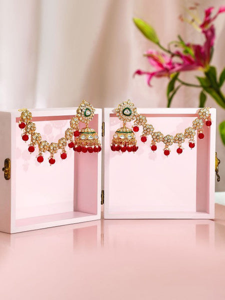 Gold-Plated Kundan Kan Chain Earrings with Red Beads & Green Enamel Detailing VitansEthnics