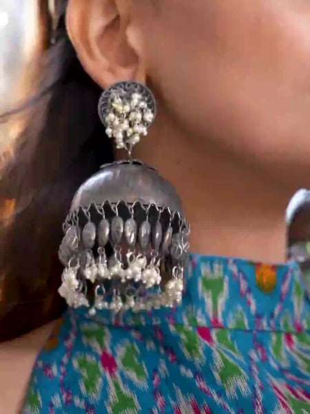 Oxidised Silver-Plated Antique Black & White Pearl Beaded Dome-Shaped Big Jhumkas VitansEthnics