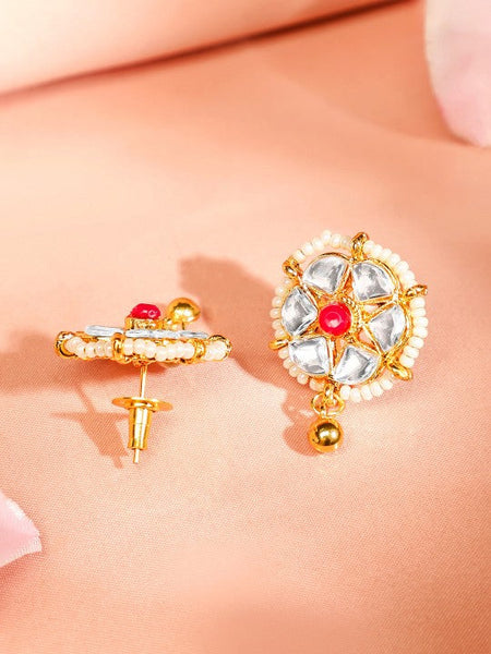 Gold Plated Ruby Pink & White Kundan Stone Choker Set with Gold Beaded Detailing VitansEthnics
