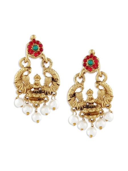 Gold-Plated Fuchsia Pink & Green Stone-Studded & Beaded Temple Jewellery Set VitansEthnics