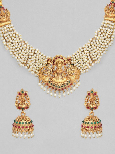 Gold Plated Ruby & Emerald Studded Pearl Beaded Divine Lakshmi Necklace Set VitansEthnics