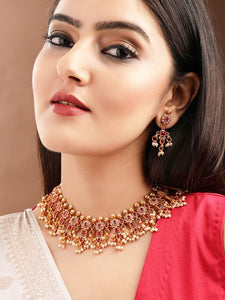 Gold-Plated Ruby Kundan & Cubic Zirconia Studded Necklace Set with Pearl Beads VitansEthnics