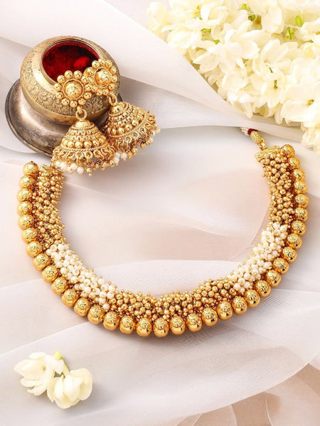 Gold-Plated White Pearl & Golden Beads Studded Beaded Traditional Jewellery Set VitansEthnics
