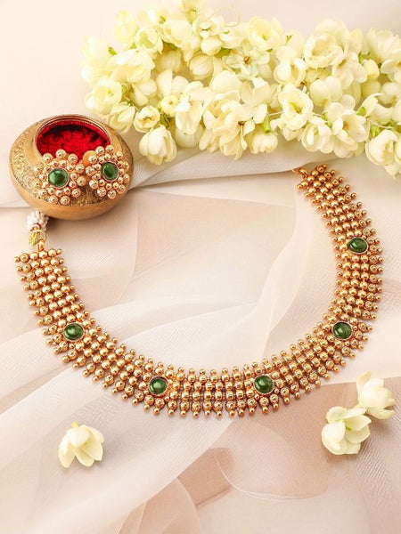 Gold-Plated Ruby Pink Studded Traditional Choker Necklace Set with Gold Beads (Copy) VitansEthnics
