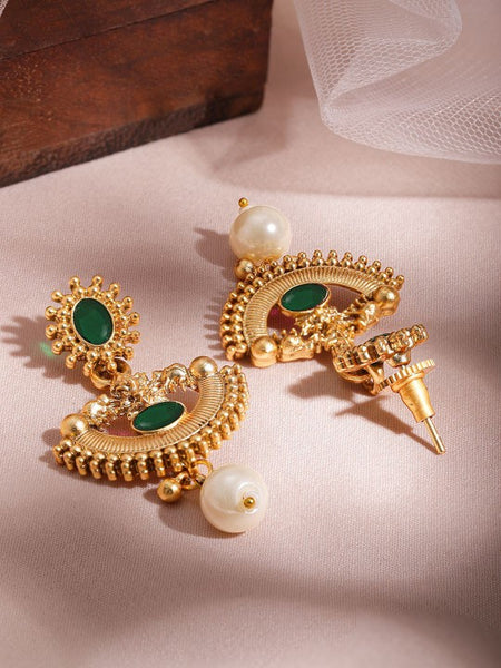 Gold-Plated Emerald Green & Pearl Beaded Statement Necklace Set with Earrings VitansEthnics