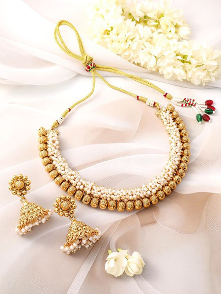 Gold-Plated Emerald Studded Traditional Choker Necklace Set with Gold Beads (Copy) VitansEthnics