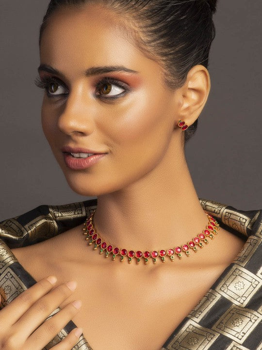 Gold-Plated Magenta Pink & Green Stone-Studded Temple Jewellery Set VitansEthnics
