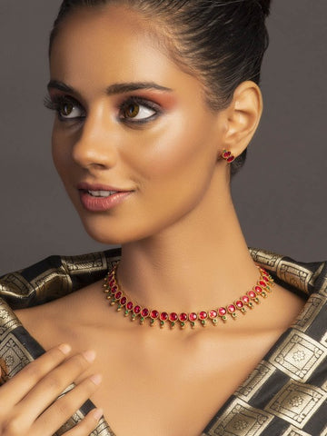 Gold-Plated Magenta Pink & Green Stone-Studded Temple Jewellery Set VitansEthnics
