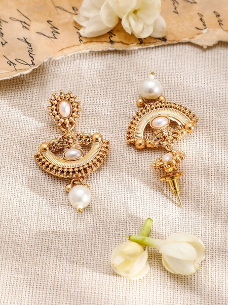 Gold-Plated Pearl and Kundan Studded Temple Necklace Set VitansEthnics