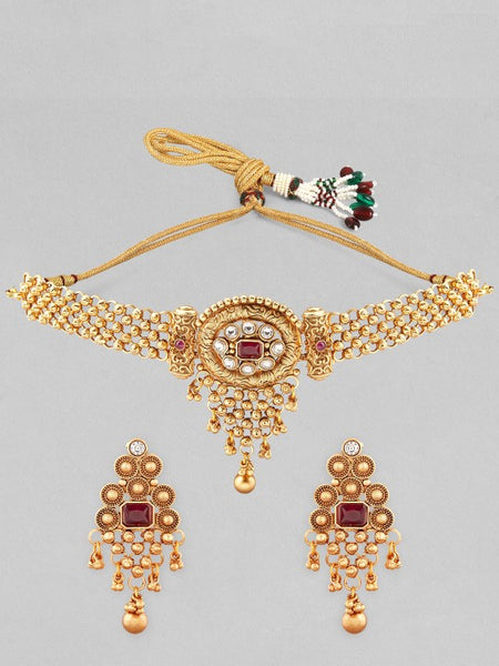 Gold Plated Ruby & White Kundan Studded Choker Jewellery Set with Golden Beads VitansEthnics