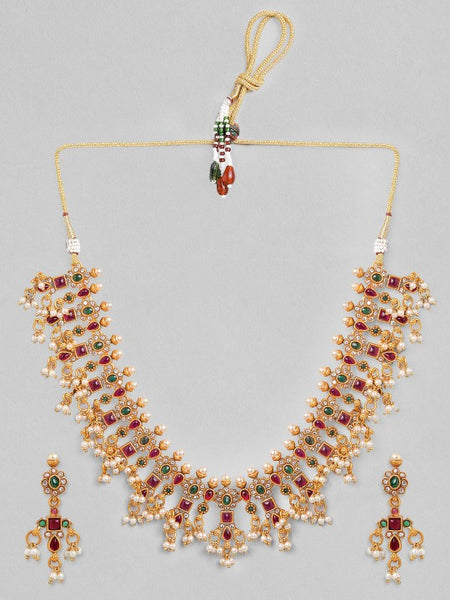 Gold Plated Handcrafted Ruby & Emerald Studded & Pearl Beaded Jewellery Set VitansEthnics