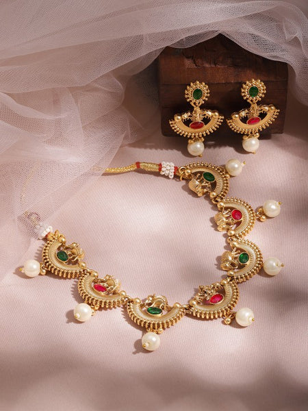 Gold-Plated Temple Necklace Set with Ruby Red & Green Stones and Pearl Drops VitansEthnics