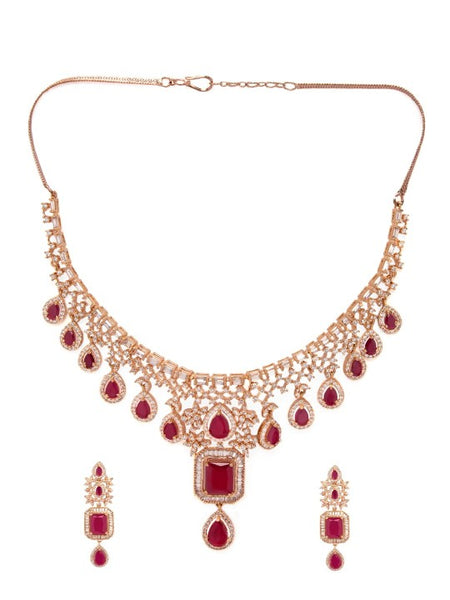 Rose Gold Plated Pink Sapphire & CZ Studded Handcrafted Premium Jewellery Set VitansEthnics