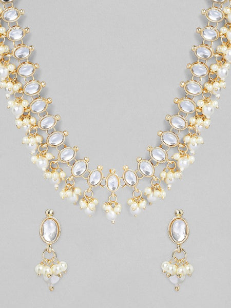 Gold Plated White Kundan Studded Pearl Beaded Handcrafted Traditional Jewellery Set VitansEthnics