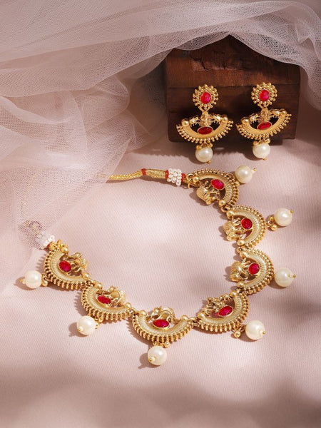 Gold-Plated Ruby Red & Pearl Beaded Statement Necklace Set with Earrings VitansEthnics