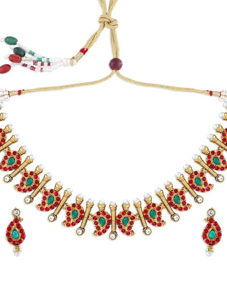 Gold-Plated Fuchsia-Pink & Green Stone-Studded & Beaded Temple Jewellery Set VitansEthnics
