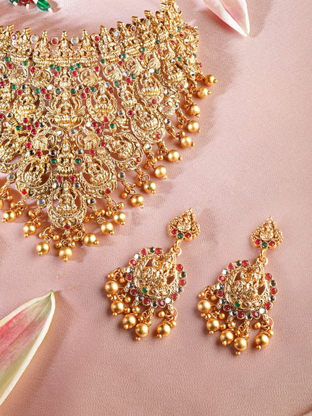 Gold Plated Red, Green & White Stone Studded Lakshmi Motif Temple Jewellery Set VitansEthnics