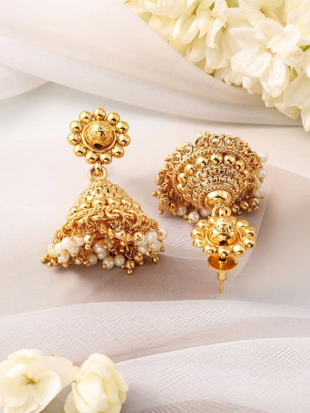 Gold-Plated White Pearl & Golden Beads Studded Beaded Traditional Jewellery Set VitansEthnics