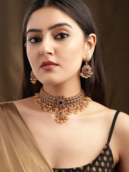Gold Plated Handcrafted Ruby Stone & Gold Pearls Studded Choker Set VitansEthnics