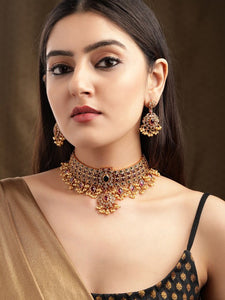 Gold Plated Handcrafted Ruby Stone & Gold Pearls Studded Choker Set VitansEthnics