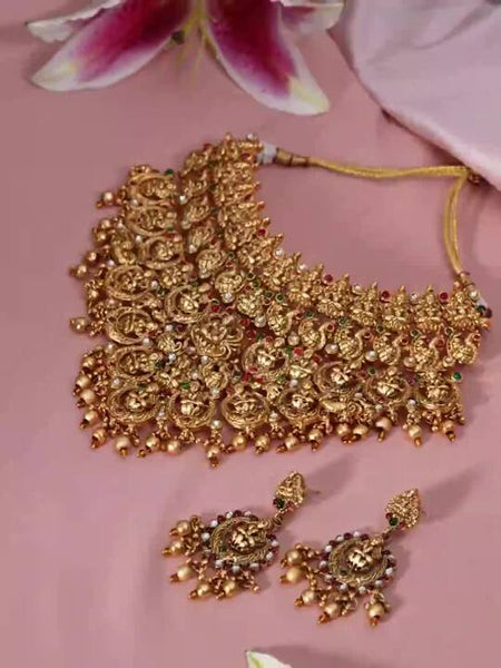 Gold Plated Red, Green & White Stone Studded Lakshmi Motif Temple Jewellery Set VitansEthnics