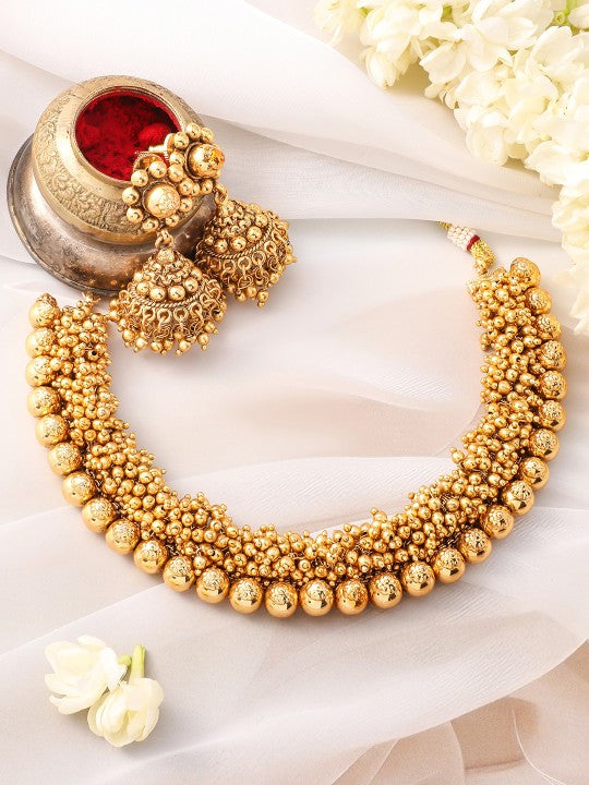Gold-Plated Golden Beads Studded Beaded Traditional Jewellery Set VitansEthnics