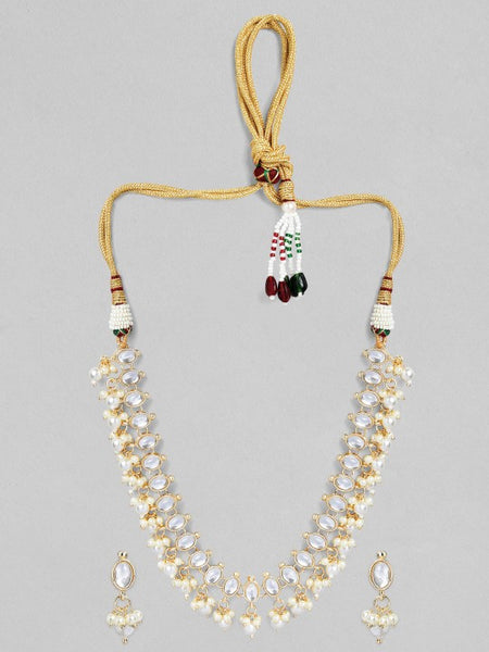 Gold Plated White Kundan Studded Pearl Beaded Handcrafted Traditional Jewellery Set VitansEthnics