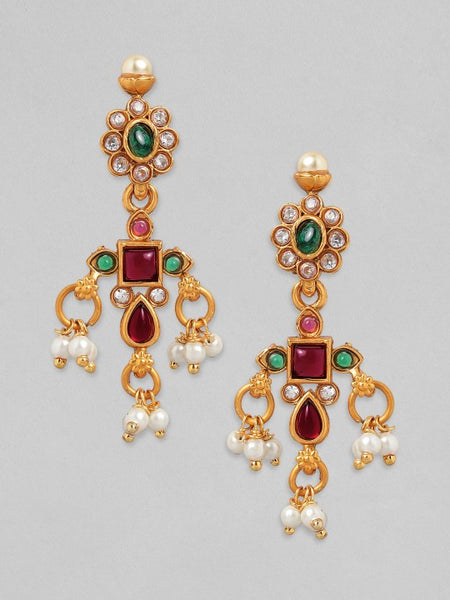 Gold Plated Handcrafted Ruby & Emerald Studded & Pearl Beaded Jewellery Set VitansEthnics