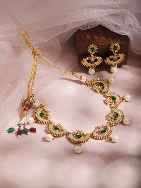 Gold-Plated Emerald Green & Pearl Beaded Statement Necklace Set with Earrings VitansEthnics